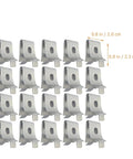 Heavy Duty Stainless Steel Shelf Bracket Clips Set 60 Piece Nickel Plated Iron Pegs with measurements for cabinets and shelves.
