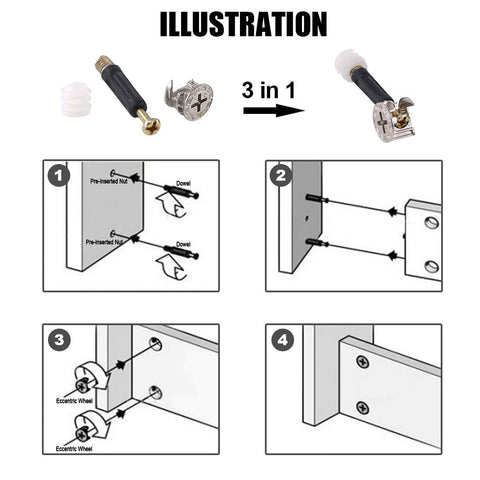 Diagram showing 125 Piece 3 In 1 Diy Ready Furniture Connecting Hardware Set with hex screws, barrel nuts, cam fittings for assembly.