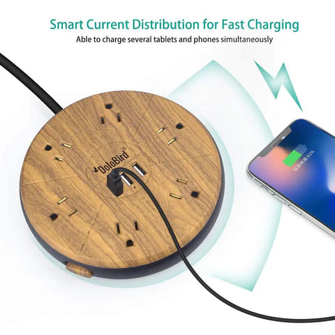 Round wooden power strip with multiple outlets and charging phone, Power Strip With Surge Protector 6 AC Outlets And 3 USB Ports Charging Hub Long Extension Cord Right Angle Flat Plug Widely Spaced Sockets Circuit Breaker Safeguard For Home Office Dorm Room.