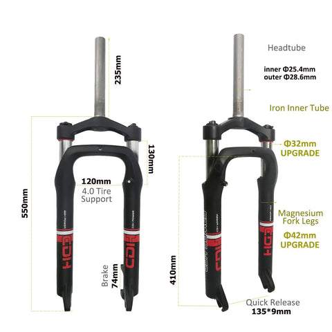 Front view of Beefy 26 Inch Fat Bike Fork 4.0 Suspension with 1 1 8 Headset, 135mm Dropout, 130mm Travel, and disc brake compatibility.