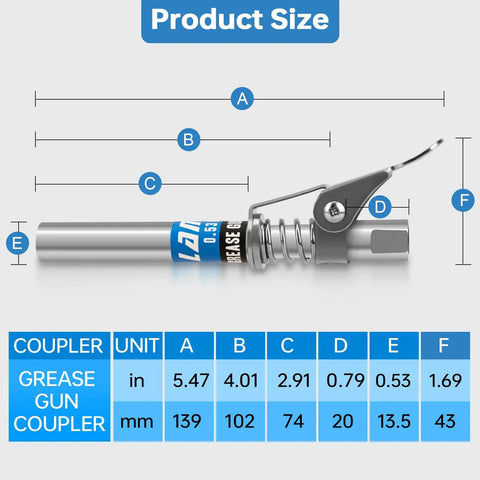 Grease Gun Coupler With Extended Reach And 12000 PSI Beefy Lock For Hard To Reach Fittings, size diagram showing dimensions.