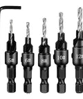 Kickass Heavy Duty Step Drill Bit Set For Wood And Metal Featuring Precision Countersink Design For Cordless Power Tools Sizes Five Through Twelve showing six drill bits with labeled sizes.