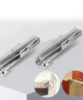 Beefy 80 Degree Scissor Hinges Pair for cabinet doors, shown in polished stainless steel with installation examples