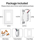 Package includes wire nuts, 7 Day Programmable In Wall Timer Switch For Lights And Fans Digital Light Timer For Indoor Use, and free plate