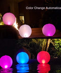 Solar Powered Floating Ball Pool Lights Four Pack 14 Inch Inflatable Hangable LED Glow Globes IP68 Waterproof Rechargeable Color Changing Lights for Pools Backyards and Outdoor Summer Swim Parties glowing in water