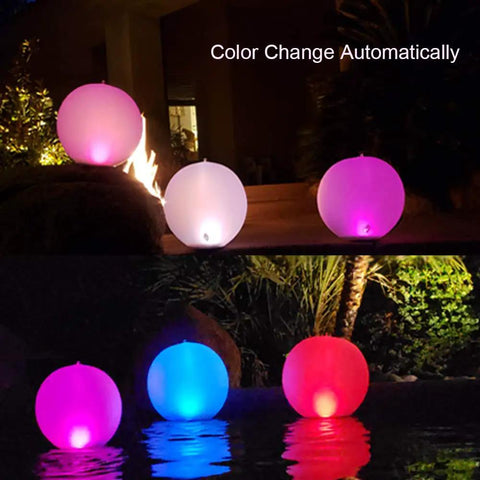 Solar Powered Floating Ball Pool Lights Four Pack 14 Inch Inflatable Hangable LED Glow Globes IP68 Waterproof Rechargeable Color Changing Lights for Pools Backyards and Outdoor Summer Swim Parties glowing in water
