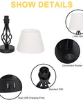 Set Of 2 Bedside Table Lamps With Dual USB Ports, Modern Nightstand Lamps With Spiral Cage Design, showing lampshade and USB ports