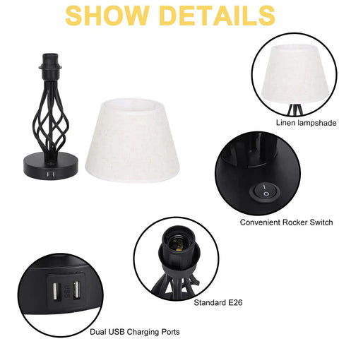 Set Of 2 Bedside Table Lamps With Dual USB Ports, Modern Nightstand Lamps With Spiral Cage Design, showing lampshade and USB ports