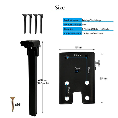 Image of 16.5 Inches Heavy Duty Folding Table Legs 4 Pack Metal Trestle Feet with screws and size measurements.