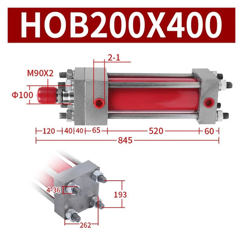 Double-Acting Tie Rod Hydraulic Cylinder Heavy-Duty Lift System HOB200X400 Series with detailed measurements and components