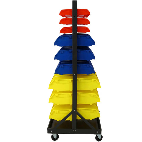 Heavy Duty Double Sided Storage Rack Featuring Ninety Polypropylene Bins Plus Visible Label Tabs Designed For Garage Tool Organization Built With A Rock Solid Steel Frame Equipped With Smooth Rolling Locking Casters For Fast Shop Setups