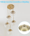 Gold pendant light fixture with round glass globes and a close-up inset of the ceiling mount, labeled decoratively used in lighting.