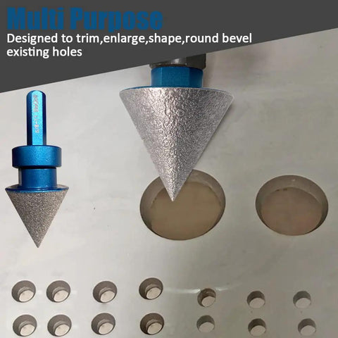 Tile Hole Saw Kit With Triangle Shank Diamond Drill Bits Set showing 35mm beveling chamfer cone on metal surface