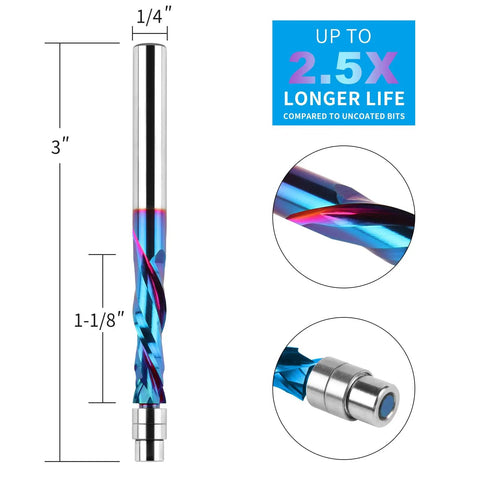 Compression Spiral Flush Trim Router Bit With Bottom Bearing Pro Grade One Quarter Inch Shank One Inch Cut Length Solid Carbide CNC Spiral Bit Nano Coating For Smooth Precise Edges And Easy Material Feed; features measurements and blue nano coating.