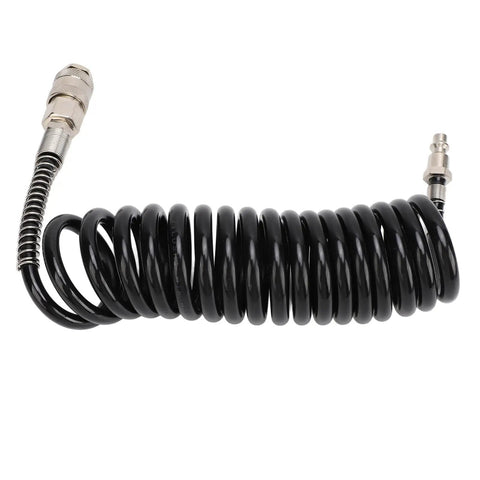 Hardcore Heavy Duty Coiled Air Hose 3 Meter Long Reinforced Premium Rubber Steel Build Resists Kinks Oils And Grease For Garage Shop Pneumatic Auto Repair Tasks Easy Flexibility Super Awesome For Mechanics And DIY Projects black coiled hose with steel fittings