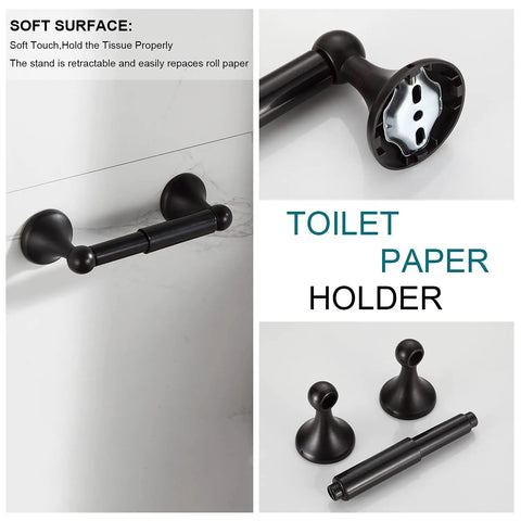 Close-up of wall-mounted oil rubbed bronze toilet paper holder from 4 piece bathroom hardware set, durable and stylish.