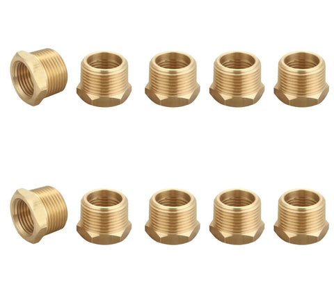 One Half Inch NPT Male To Three Eighth Inch NPT Female Beefy Brass Hex Bushing Reducer Adapter Pipe Fitting Kit, 10 Piece