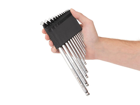 Hand holding Ball End Hex Key Set, 13-Piece For Off-Center Access With Chamfered Ends To Cut Wear, Includes 0.050 In To 3/8 In Sizes