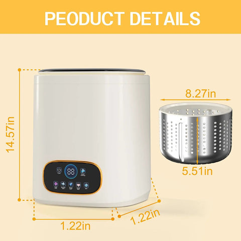 Portable Fully Automatic Washing Machine With LCD Touchscreen Auto Cycle One Click Operation No Sweat Cleanup For Dorms Apartments And RV Travel 9L Compact Washer dimensions with digital control panel and included drum.