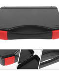 Small Hard Shell Plastic Toolbox Featuring Heavy Duty Multi Compartment Tool Organization And Secure Travel Storage With Hella Tough Durable Construction And Sweet Portable Gear Layouts, top view with red latch.
