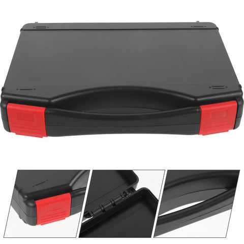 Small Hard Shell Plastic Toolbox Featuring Heavy Duty Multi Compartment Tool Organization And Secure Travel Storage With Hella Tough Durable Construction And Sweet Portable Gear Layouts, top view with red latch.