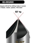 Close-up of 82-degree tip of Five Piece Countersink Drill Bit Set With 82 Degree, Five Flute, 1/4 Inch Hex Shank, High Speed Steel Bits.