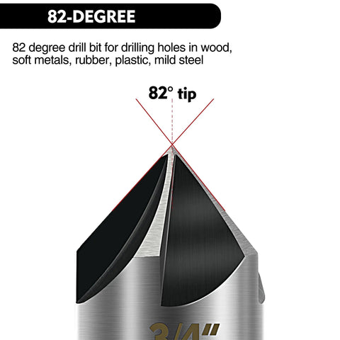 Close-up of 82-degree tip of Five Piece Countersink Drill Bit Set With 82 Degree, Five Flute, 1/4 Inch Hex Shank, High Speed Steel Bits.