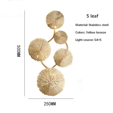 Five Head Gold Lotus Leaf LED Indoor Wall Light Fixture, stainless steel, five-leaf design, 500mm x 250mm dimensions, elegant lighting