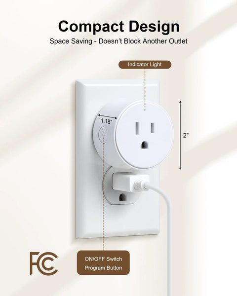 Remote Control Outlet With Wireless Wall Switch, 200 Ft RF Range, Plug And Play, Control Lamps And Lights From Across The Room, No Rewiring Needed, Detachable Remote Switch For Easy Setup, compact design with white outlet showing indicator light and on/off button.