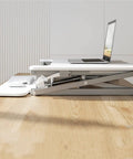 Ergonomic Height Adjustable Standing Desk With Smooth Rolling Casters Straight Up Solid Mobile Workstation in white, view with laptop.