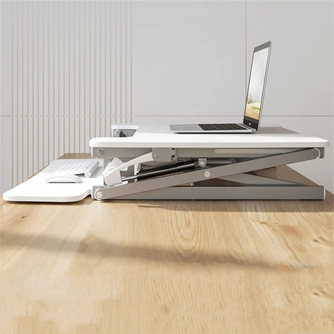 Ergonomic Height Adjustable Standing Desk With Smooth Rolling Casters Straight Up Solid Mobile Workstation in white, view with laptop.