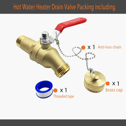Fast Drain Water Heater Drain Valve Kit with brass valve, cap, chain, and tape