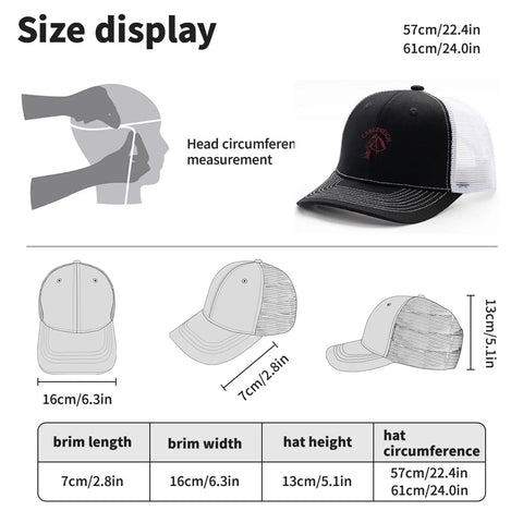 Size display of Dope Unisex Outdoor Trucker Cap With Adjustable Strap, Cool Dog And Horse Theme Hat, Breathable Mesh Back shown.