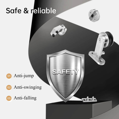 Components of 6.6 Foot Top Mount Stainless Steel Sliding Barn Door Hardware Track Kit with safety features.