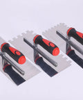 Three-piece Heavy Duty Square Notched Trowel Set for tile adhesive and mortar spreading on walls and floors, with red and black handles.