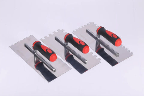 Three-piece Heavy Duty Square Notched Trowel Set for tile adhesive and mortar spreading on walls and floors, with red and black handles.