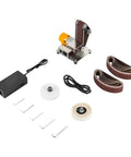Compact Mini Electric Belt Sander, Versatile Desktop Grinding Machine For Wood And Metal Polishing with accessories and sanding belts.