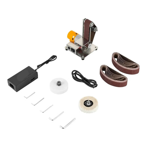 Compact Mini Electric Belt Sander, Versatile Desktop Grinding Machine For Wood And Metal Polishing with accessories and sanding belts.