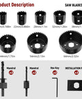 12-Piece hole saw kit with 8 hole saws (19–64mm), arbors, drill bits, hex key, and installation plate; black metal