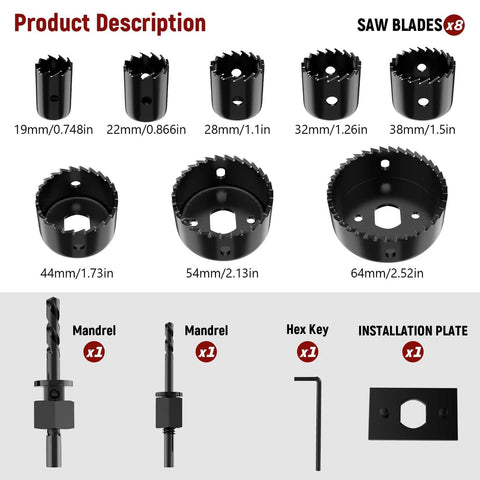 12-Piece hole saw kit with 8 hole saws (19–64mm), arbors, drill bits, hex key, and installation plate; black metal