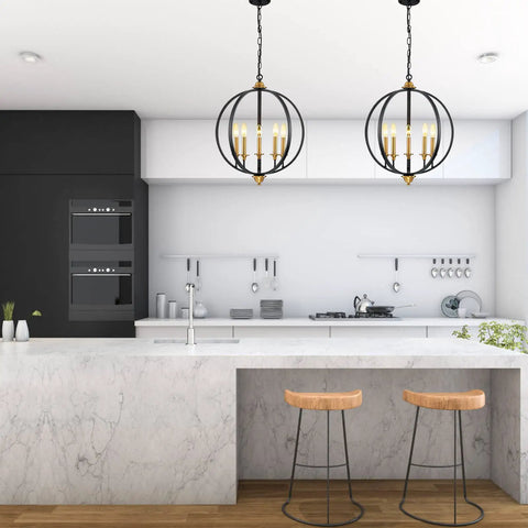 Five Light Farmhouse Pendant Lantern Chandelier In Black With Adjustable Height Chain over a modern kitchen island.