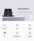 D800 LiDAR Kit on display with range details, scanning frequency, and anti-ambient light capability for robotics.