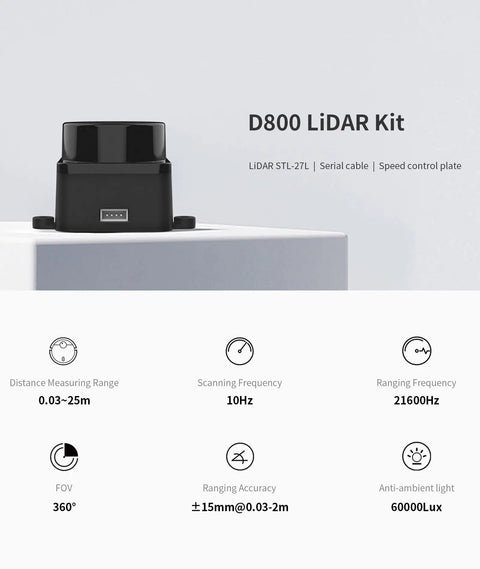 D800 LiDAR Kit on display with range details, scanning frequency, and anti-ambient light capability for robotics.
