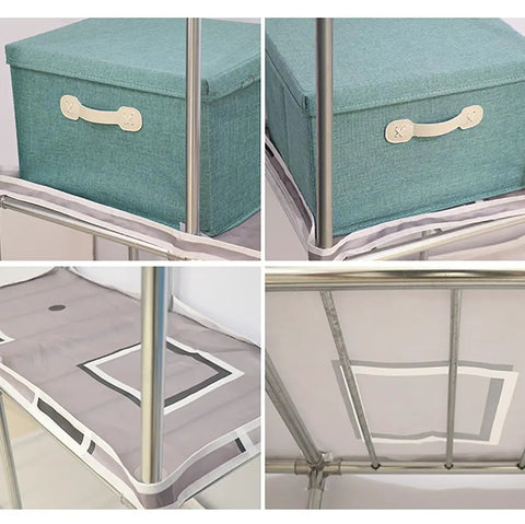 Hella Spacious Portable Wardrobe Closet With Reinforced Metal Frame And Dual Hanging Rods Quick Assembly Clothes Organizer With Airy Fabric Cover For Cozy Bedroom Gear Storage Green, featuring storage box and fabric cover.