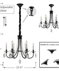 6 Light Black Crystal Chandelier With Chic Farmhouse Rustic Black Metal Frame And Adjustable Chain dimensions and details