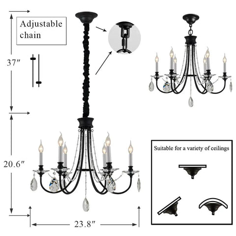 6 Light Black Crystal Chandelier With Chic Farmhouse Rustic Black Metal Frame And Adjustable Chain dimensions and details