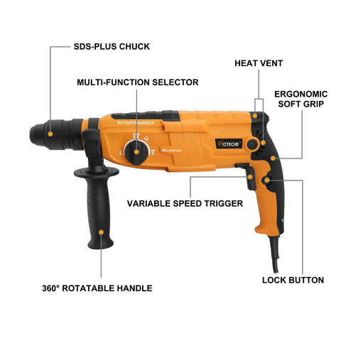 3 In 1 Rotary Hammer Drill With SDS Plus 1 Inch Chuck 800 Watt Corded Demolition Hammer For Concrete Variable Speed design features