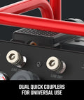 Heavy Duty 12 Gallon Air Compressor Powers Up Silky Quiet With An Oil Free Build And Rugged 1.5 HP Engine delivering dual quick couplers for universal use.