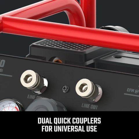 Heavy Duty 12 Gallon Air Compressor Powers Up Silky Quiet With An Oil Free Build And Rugged 1.5 HP Engine delivering dual quick couplers for universal use.