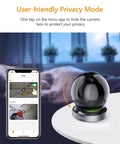 Indoor Security Camera 1080P HD WiFi 2.4G Only With 360 Degree View on table near smartphone app interface